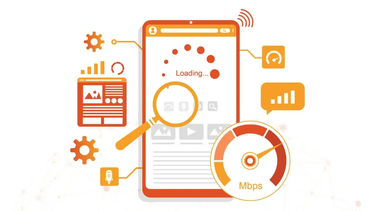 Illustration of mobile network testing showing a tablet with loading screen, speedometer, and signal strength icons.
