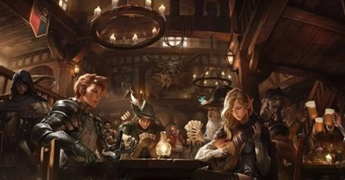 Fantasy characters in a medieval tavern playing cards and music, surrounded by warm candlelight and wooden beams.
